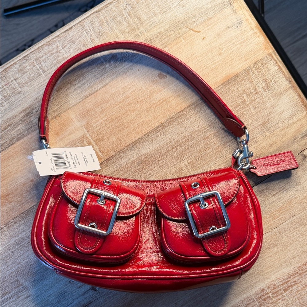 Coach Red Leather Shoulder Bag with Buckle Detail